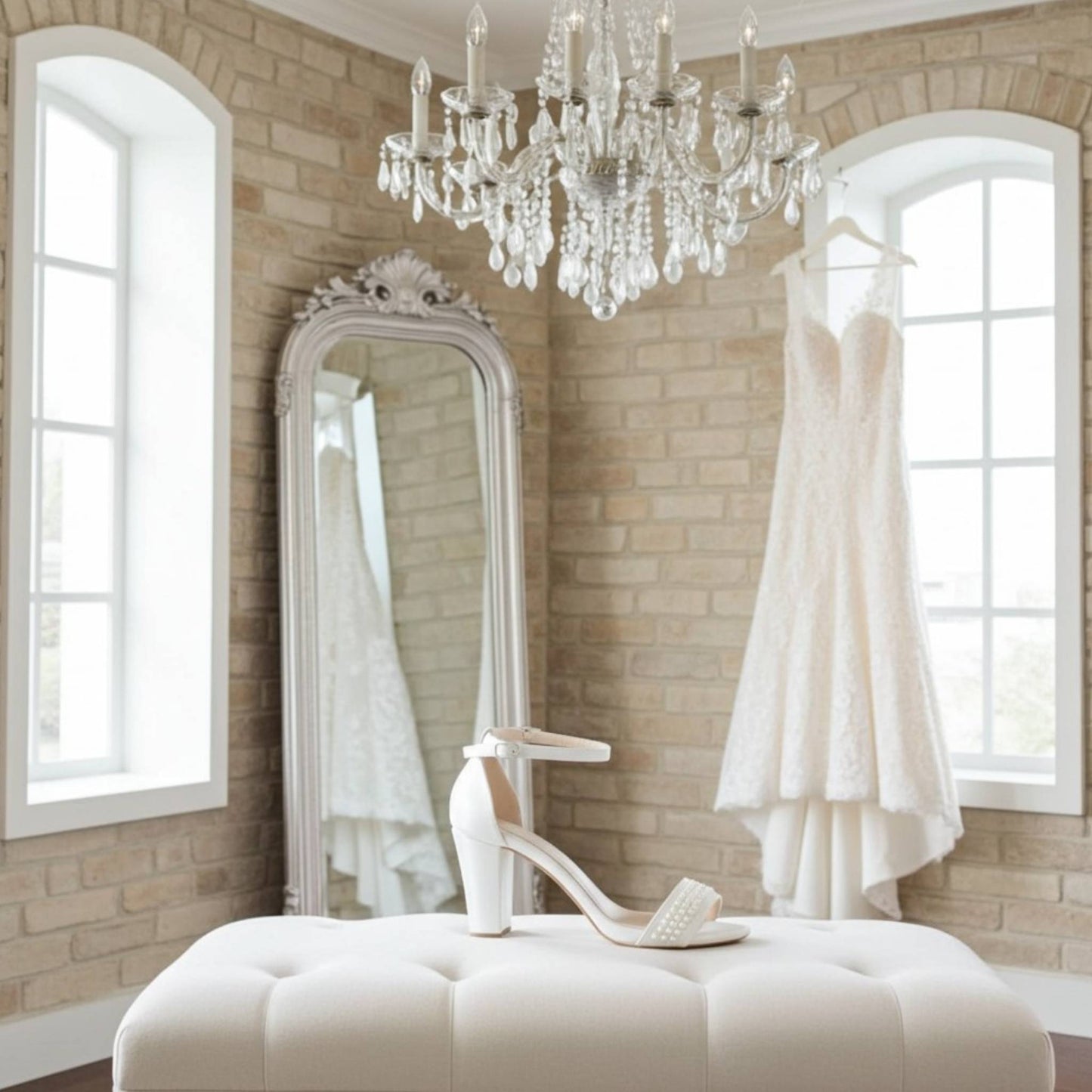 White wedding dress hanging on a rack in a room with a chandelier and large mirror. Single pearl bridal shoe is in front on a stool finished with pearls.