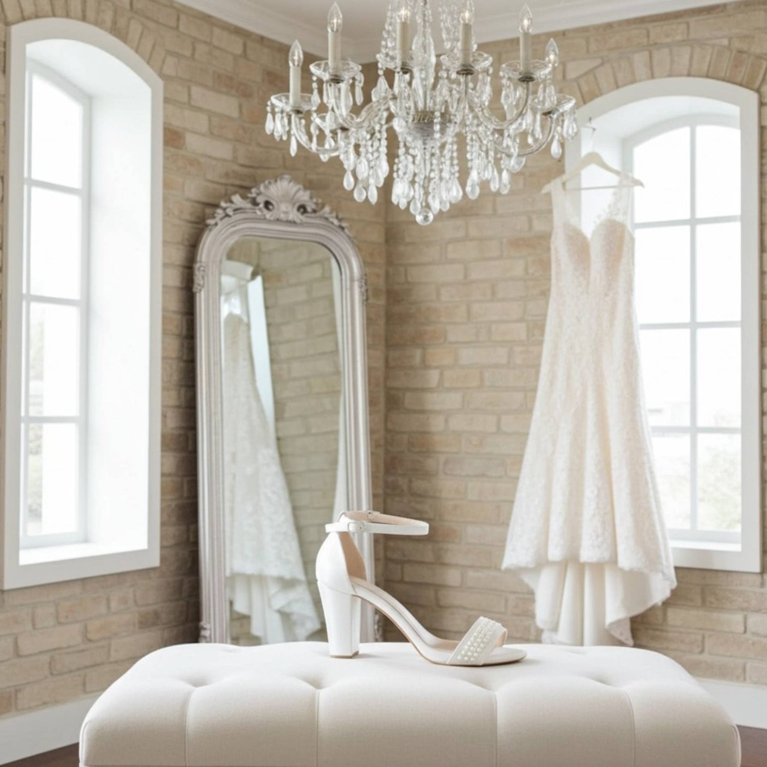 White wedding dress hanging on a rack in a room with a chandelier and large mirror. Single pearl bridal shoe is in front on a stool finished with pearls.