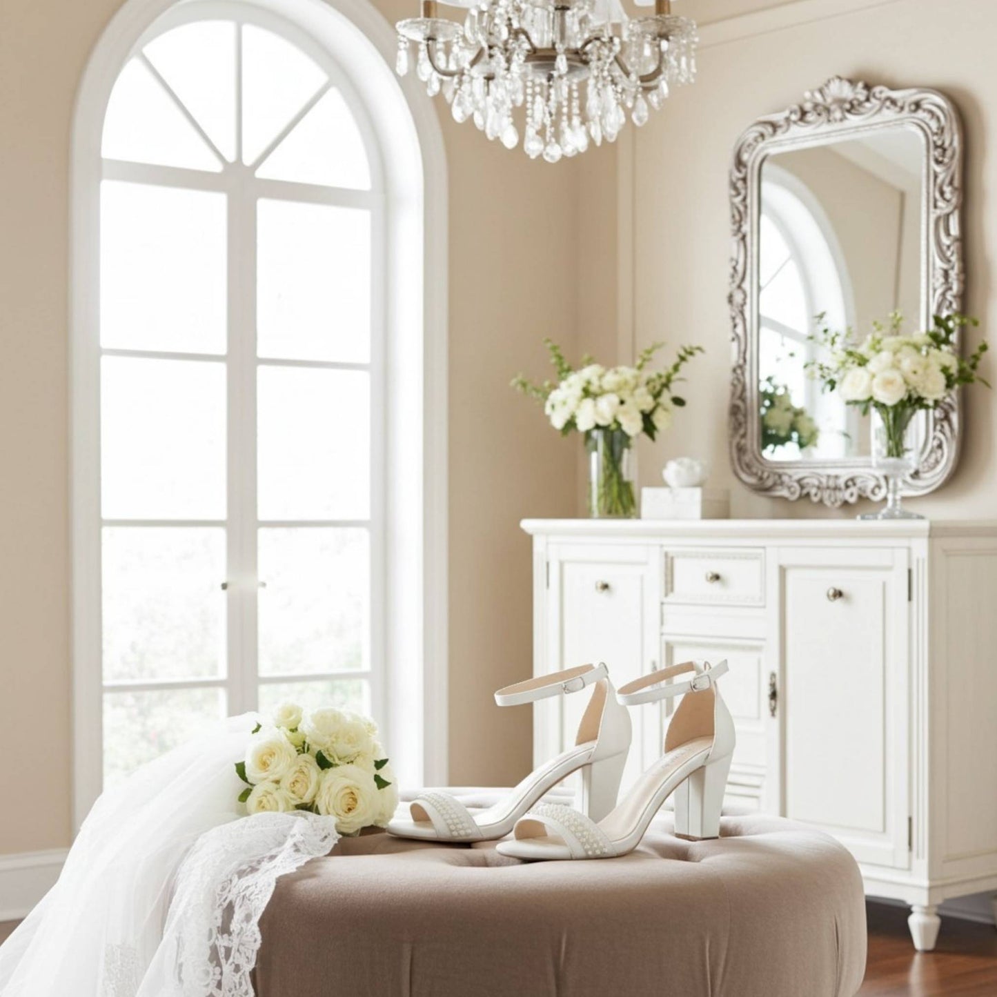 Pearl bridal shoes with block heels on a beige fabric stool. Elegant room with white furniture, floral arrangements, and a chandelier.