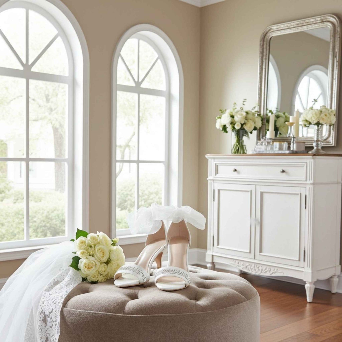 Close up of open toe bridal shoes with crystals and organza straps on an ottoman with wedding veil and large arched windows.