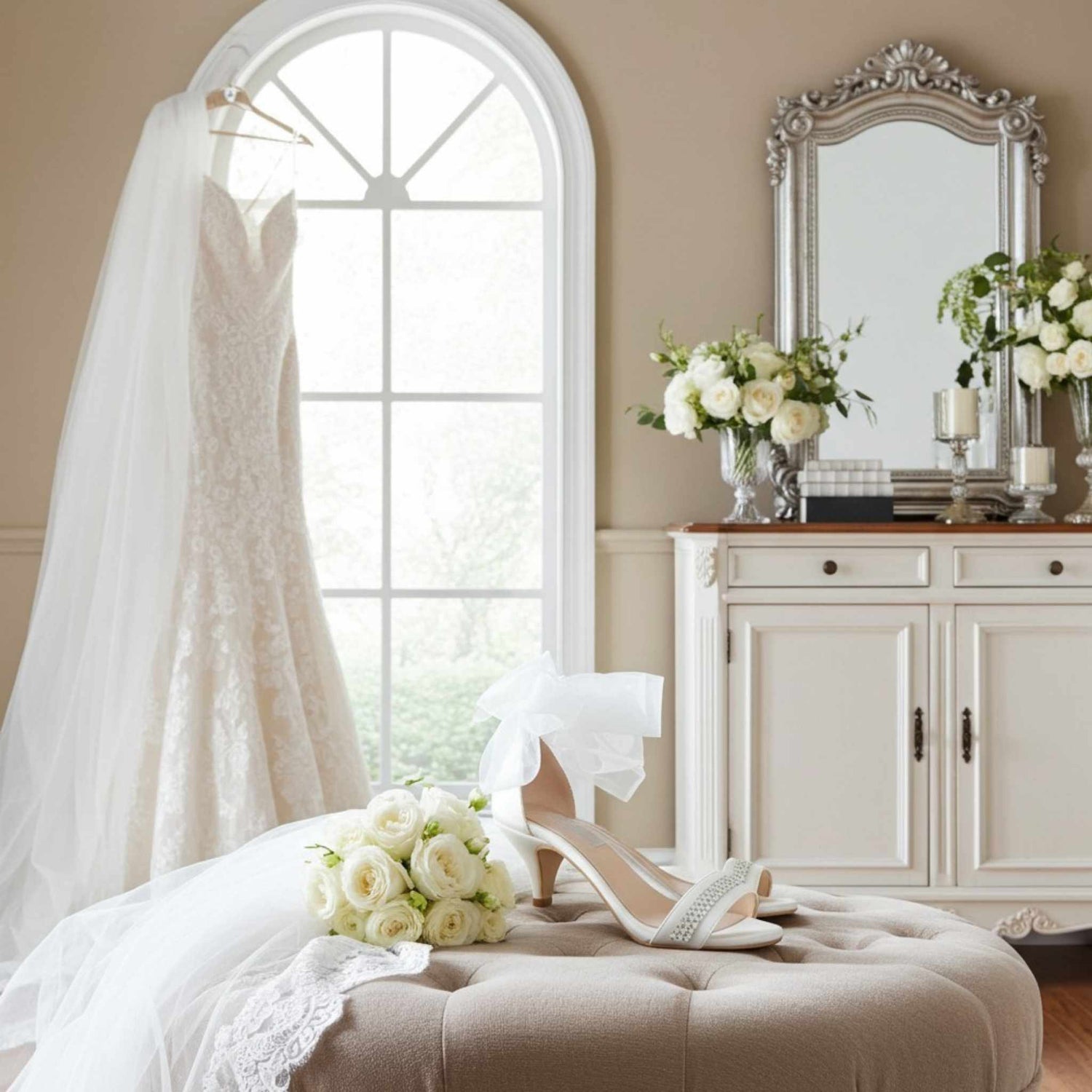 Open toe bridal shoes with rows of crystals and bridal gown hanging by an arched window.