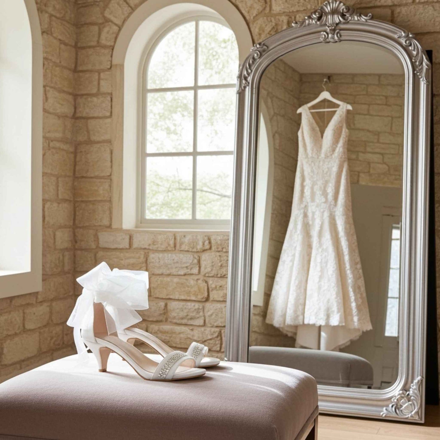 Low heel bridal shoes with organza with white wedding dress hanging in a room with stone walls and a large mirror.