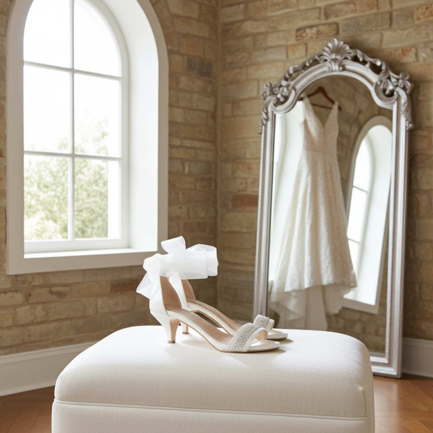 Wedding dress hanging in a mirror with ivory low heels on a stool in a room with brick walls.