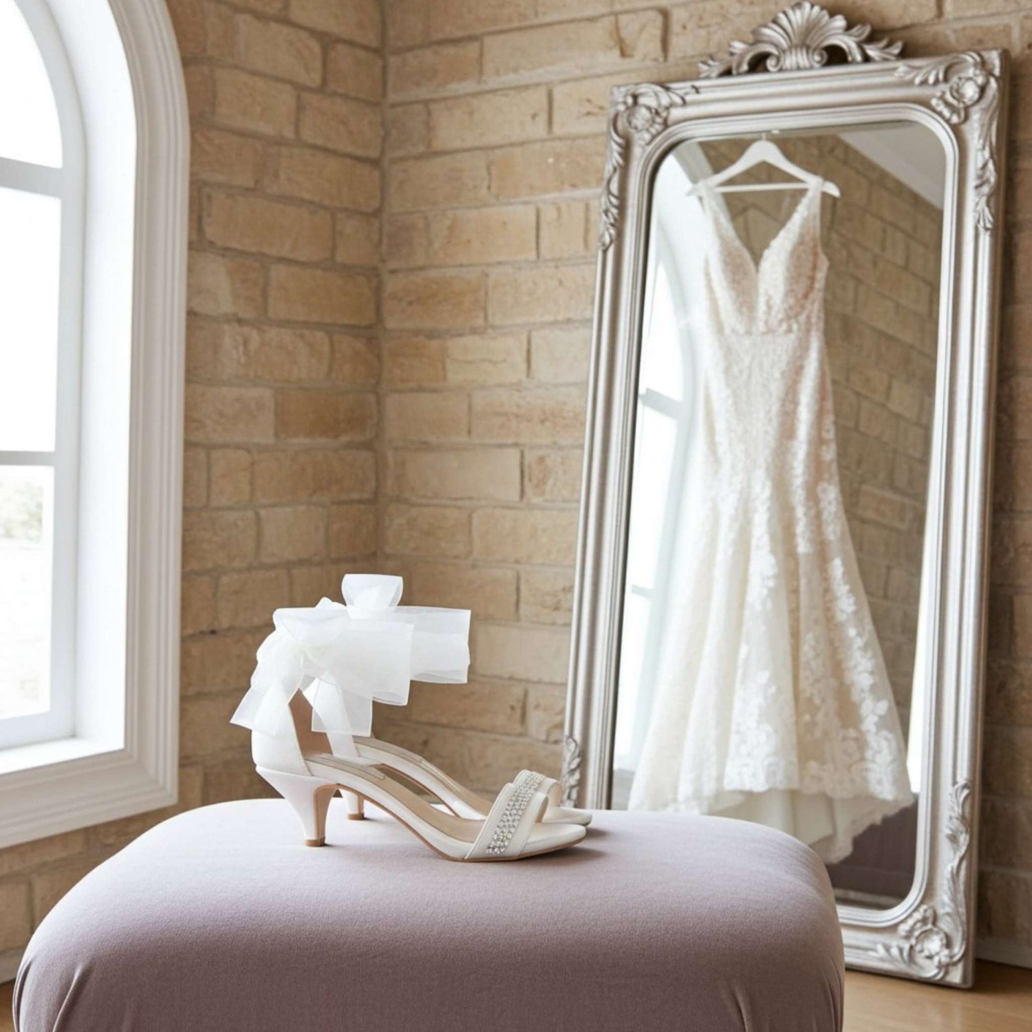 White wedding dress hanging in a mirror with ivory crystal kitten heels on a stool in a room with stone walls.
