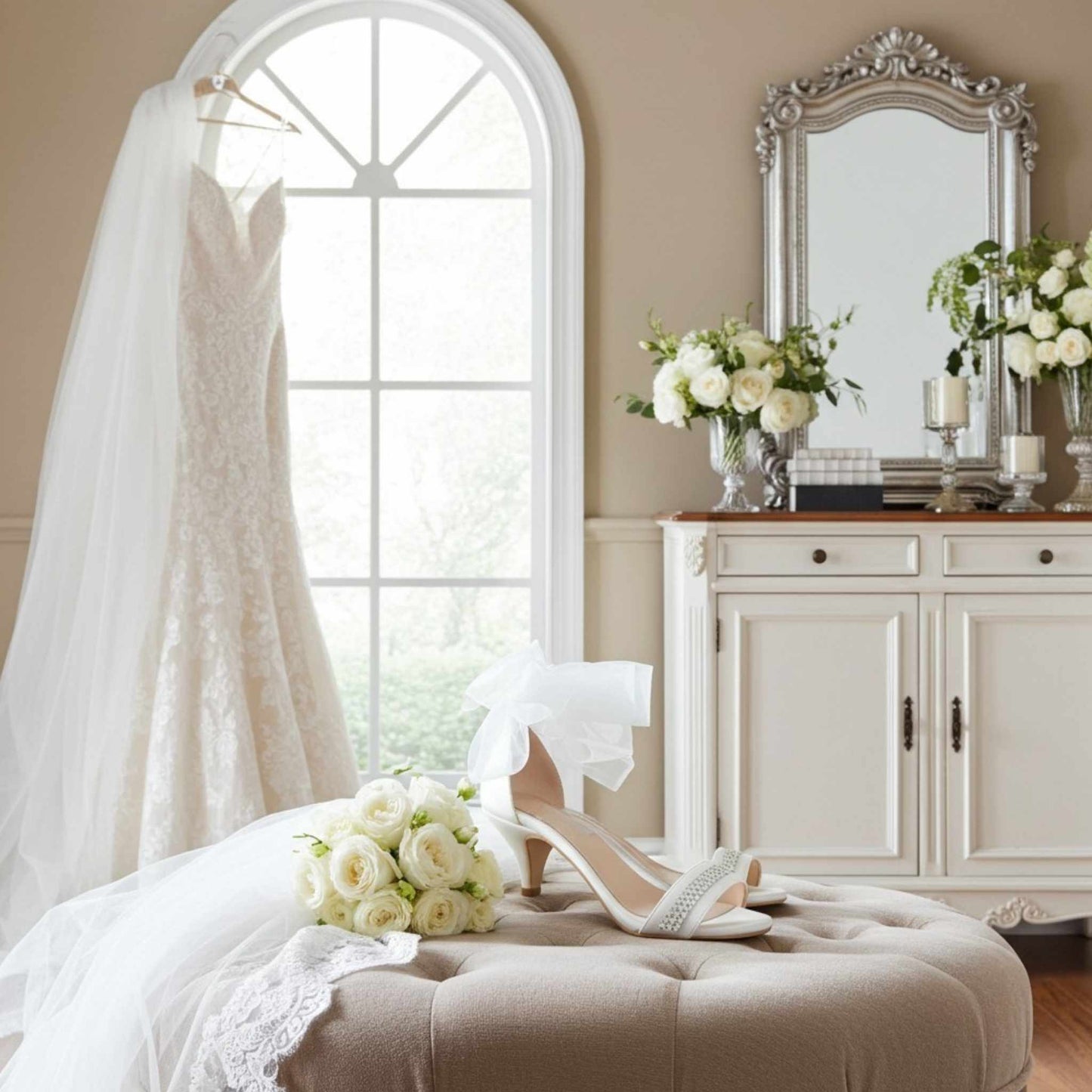 Wedding dress, shoes, and bouquet in a bridal room with a mirror and window.