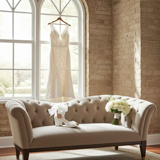 Beige tufted sofa with a wedding dress, single peep toe bridal shoes, and bouquet in a room with large windows and brick wall.