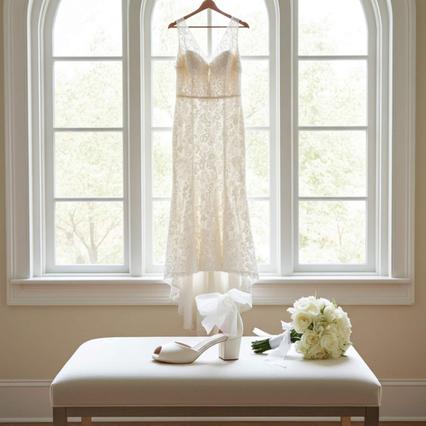 Wedding dress hanging in front of a window with side view of low block heel bridal shoes and flowers on a beige stool.