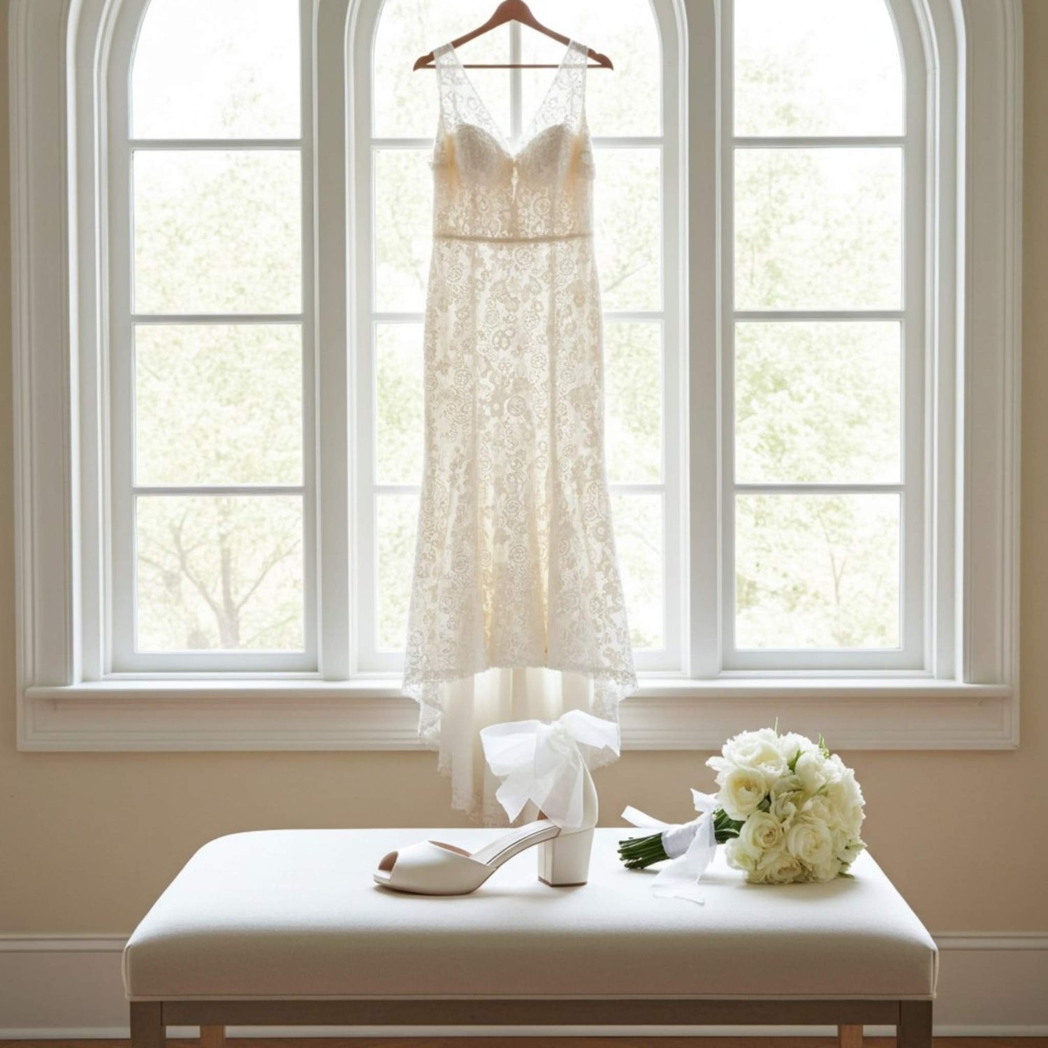 Wedding dress hanging in front of a window with side view of low block heel bridal shoes and flowers on a beige stool.