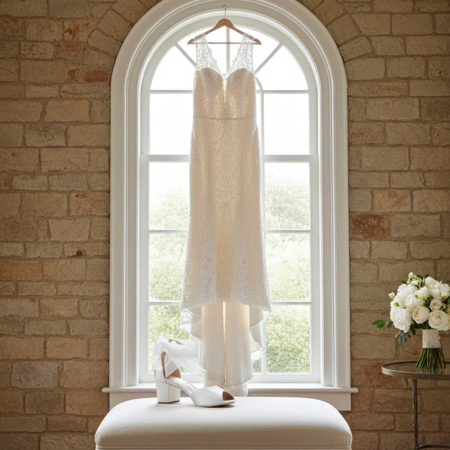 White wedding dress hanging in front of a large window with a stone wall background. Peep toe bridal shoe is on a stool.