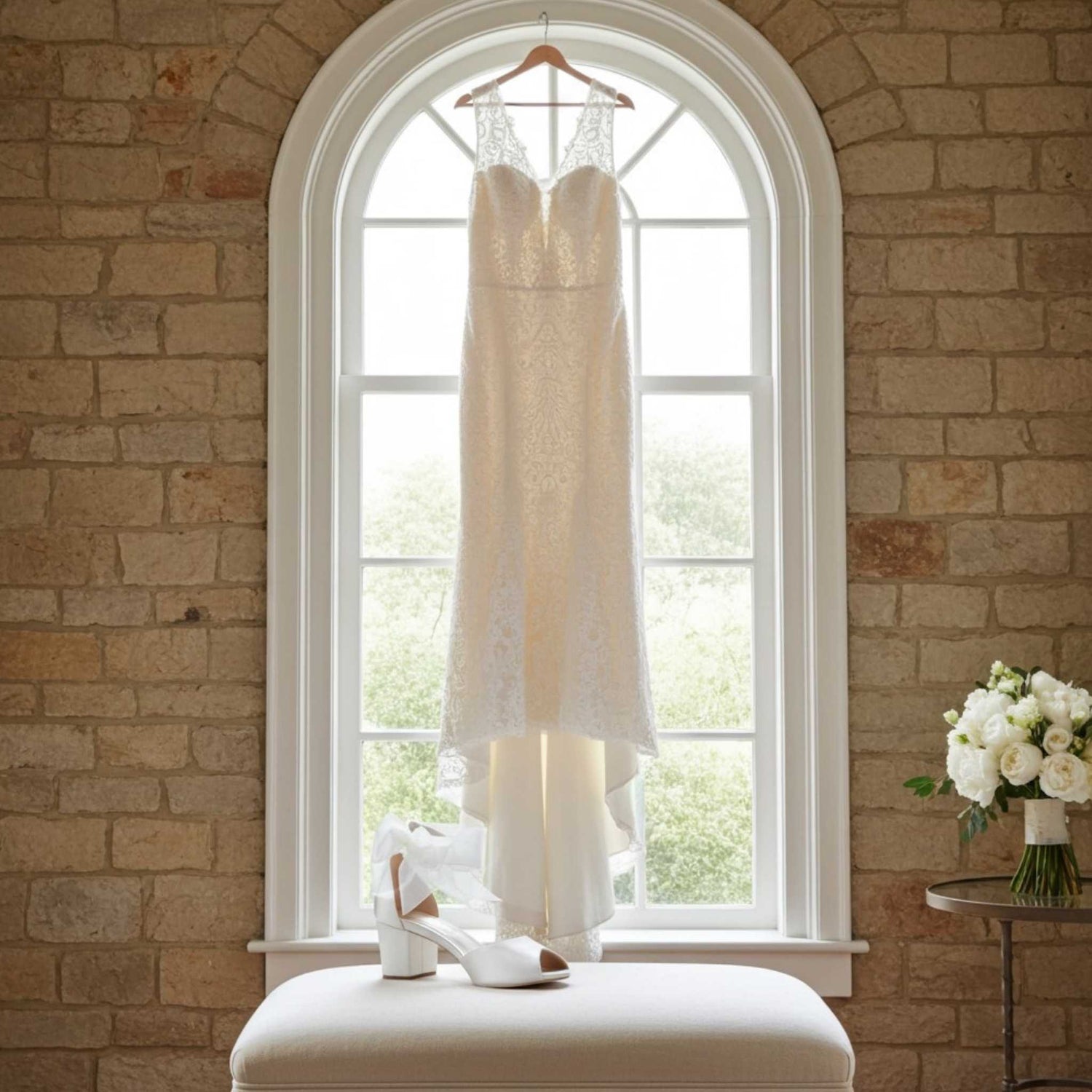 White wedding dress hanging in front of a large window with a stone wall background. Peep toe bridal shoe is on a stool.