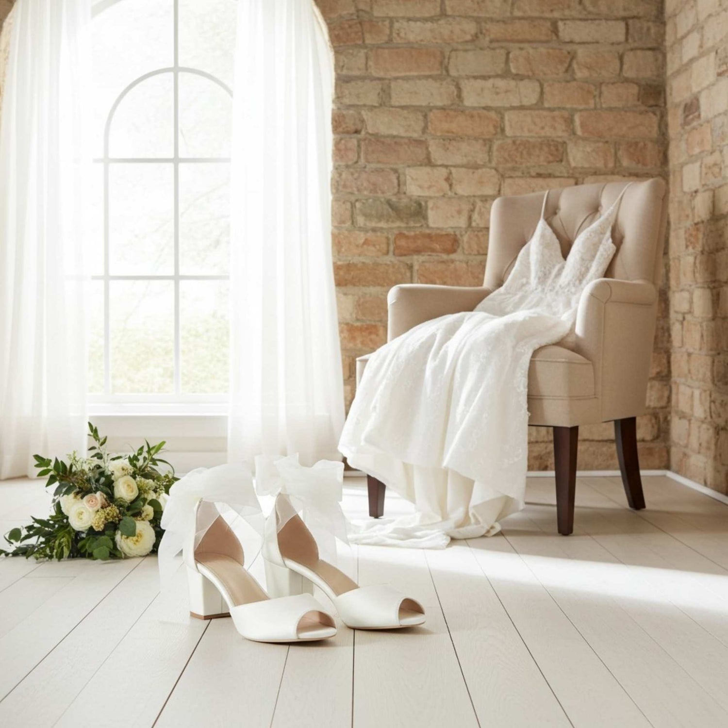 Ivory peep toe bridal sandals on a wooden floor with a chair and flowers in the background.