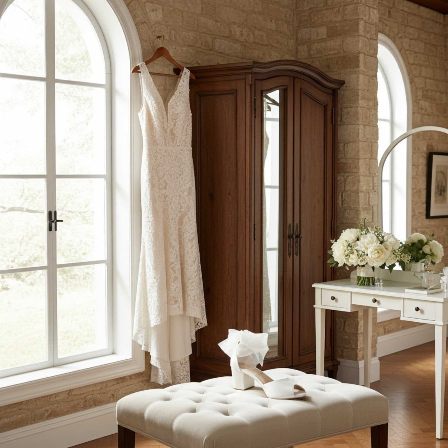Wedding dress hanging near a wardrobe in a room with large windows and a white ottoman. Bridal shoe is shown on a stool.