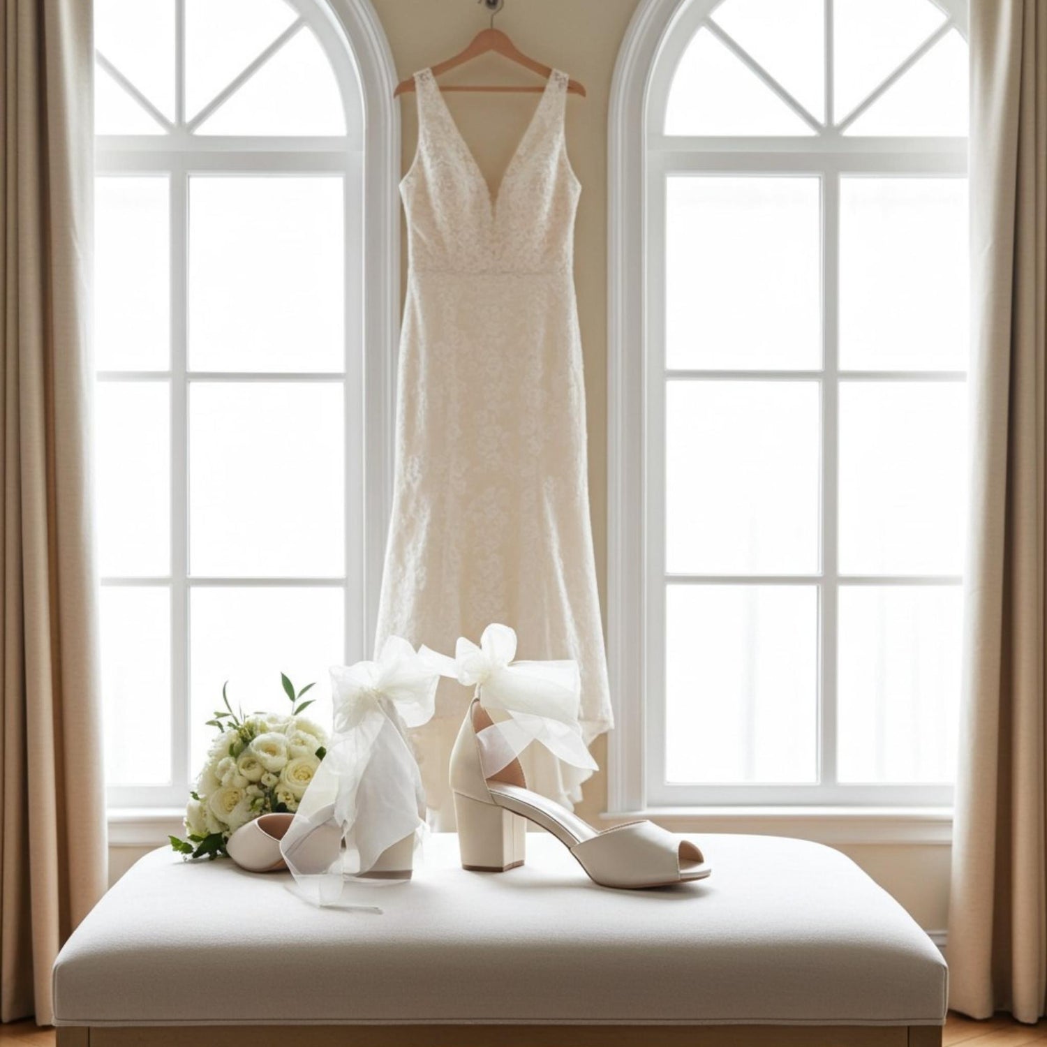 White wedding dress hanging in a bright room with a bouquet and bridal shoes on a soft stool.