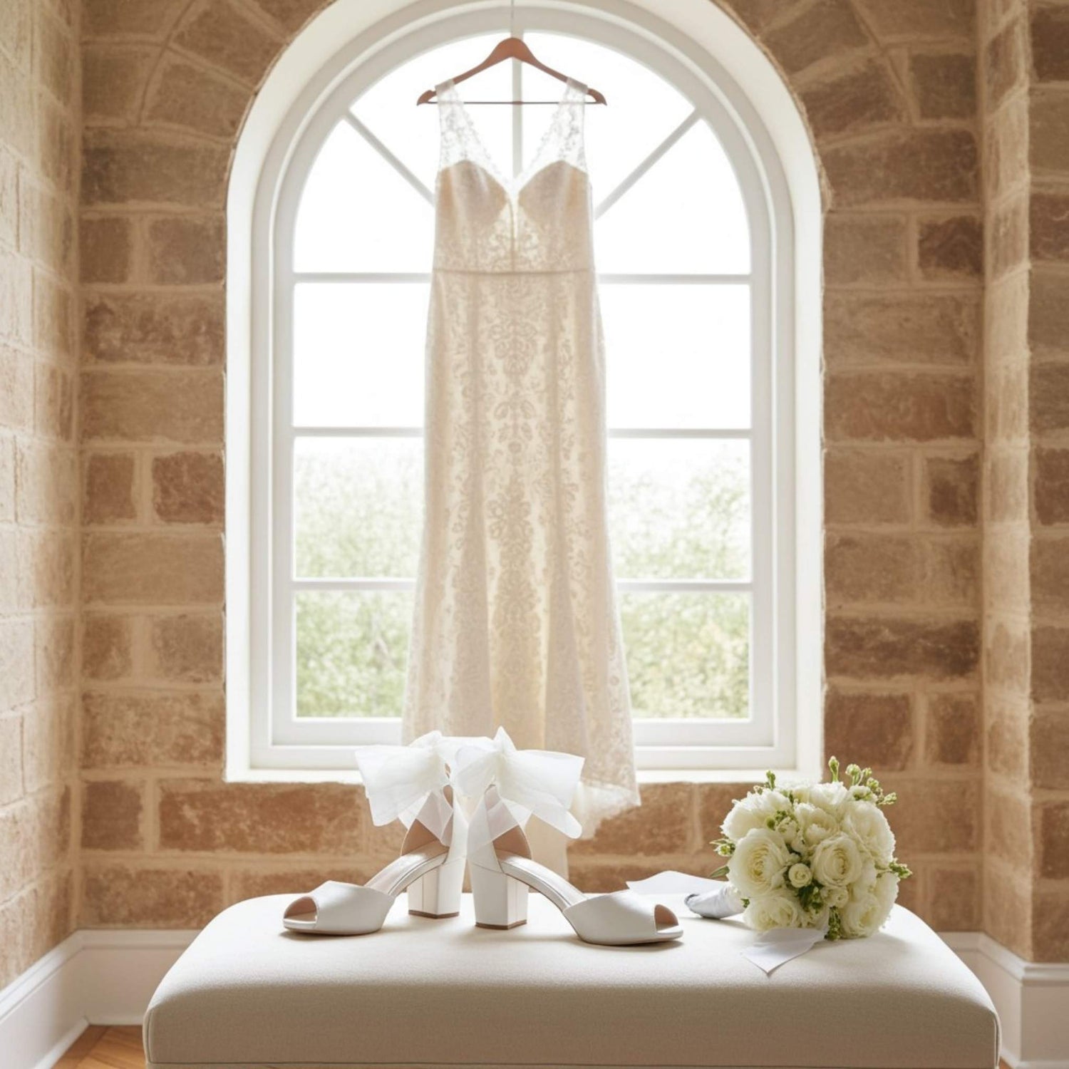 Wedding dress hanging in a room with a window, white low peep toe bridal shoes and bouquet on a soft stool.