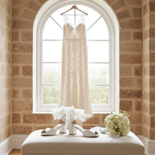 Wedding dress hanging in a room with a window, white low peep toe bridal shoes and bouquet on a soft stool.