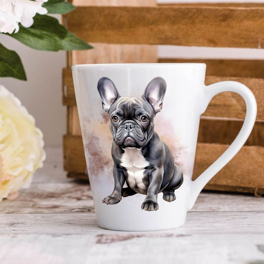 A ceramic latte coffee mug with a vibrant illustration of a French Bulldog on the front.