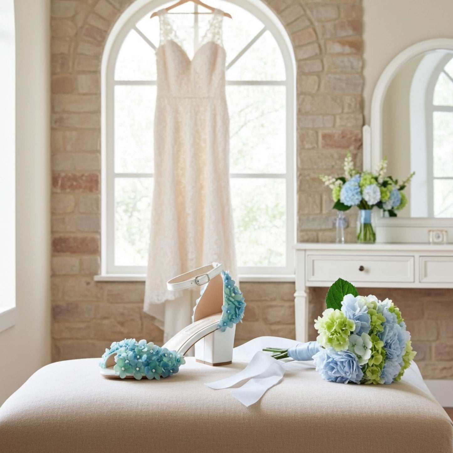 Bridal shoes with floral decorations on a stool in a room with a window and mirror.