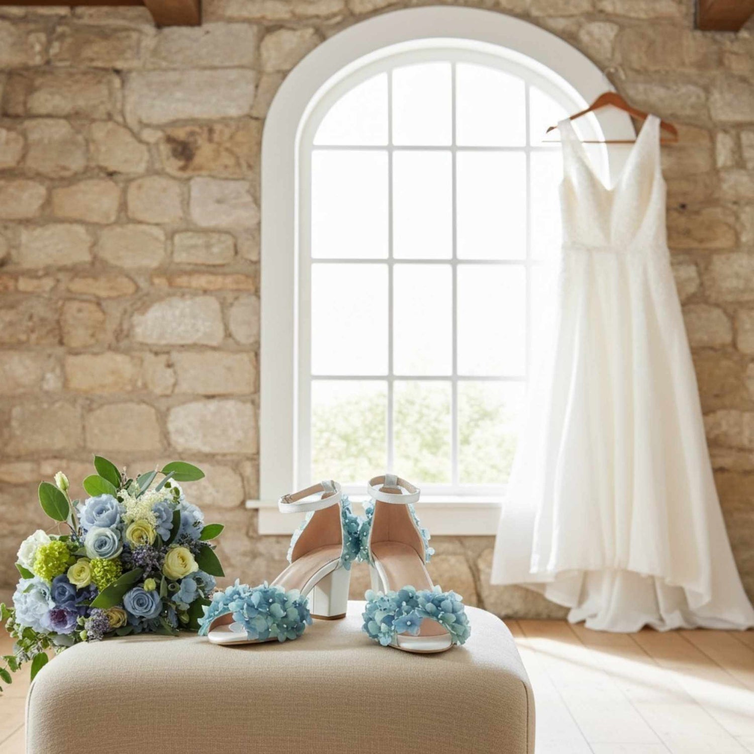 White wedding dress hanging on a stone wall with floral shoes and bouquet.