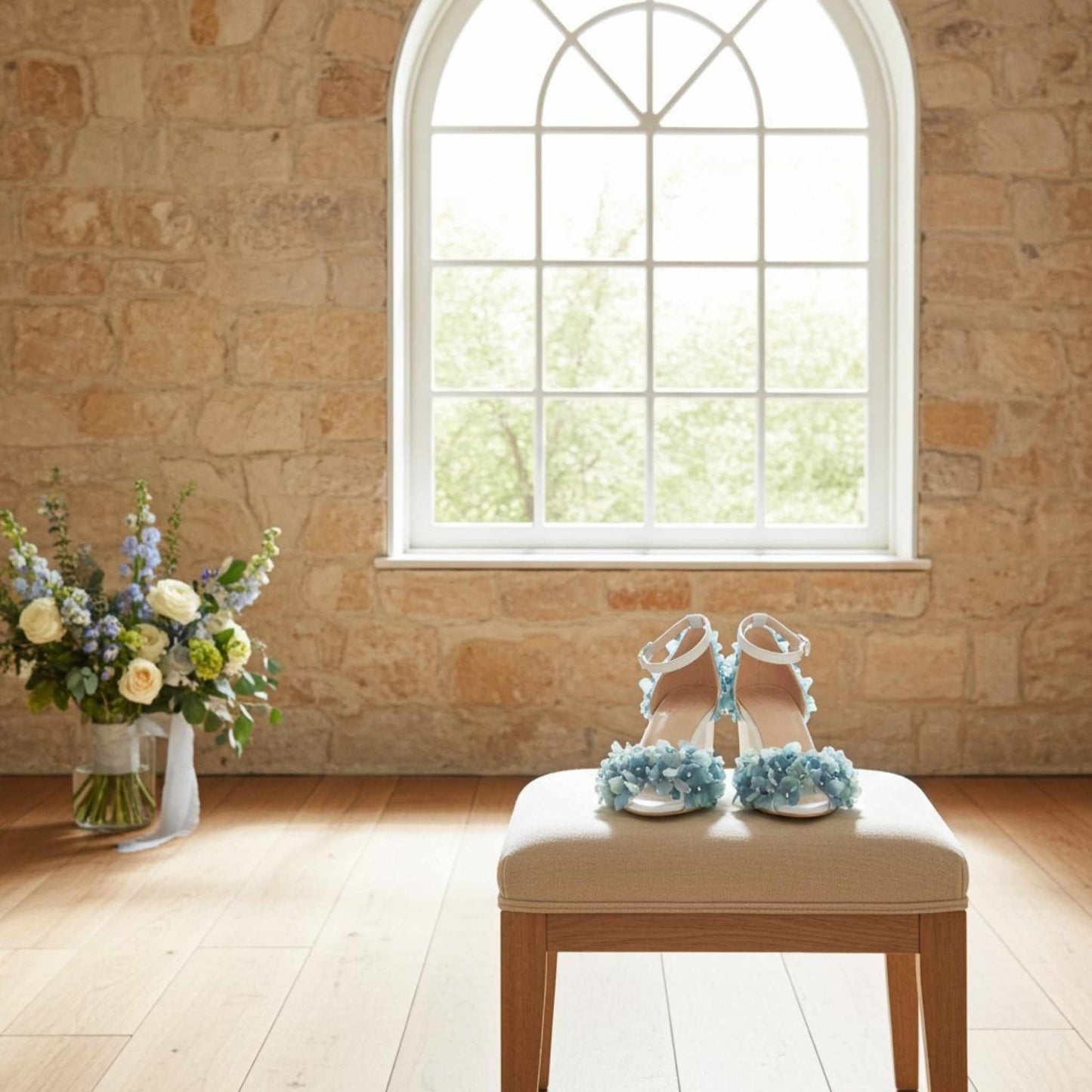 Pair of sandals with floral decorations on a stool in a room with a stone wall and window.