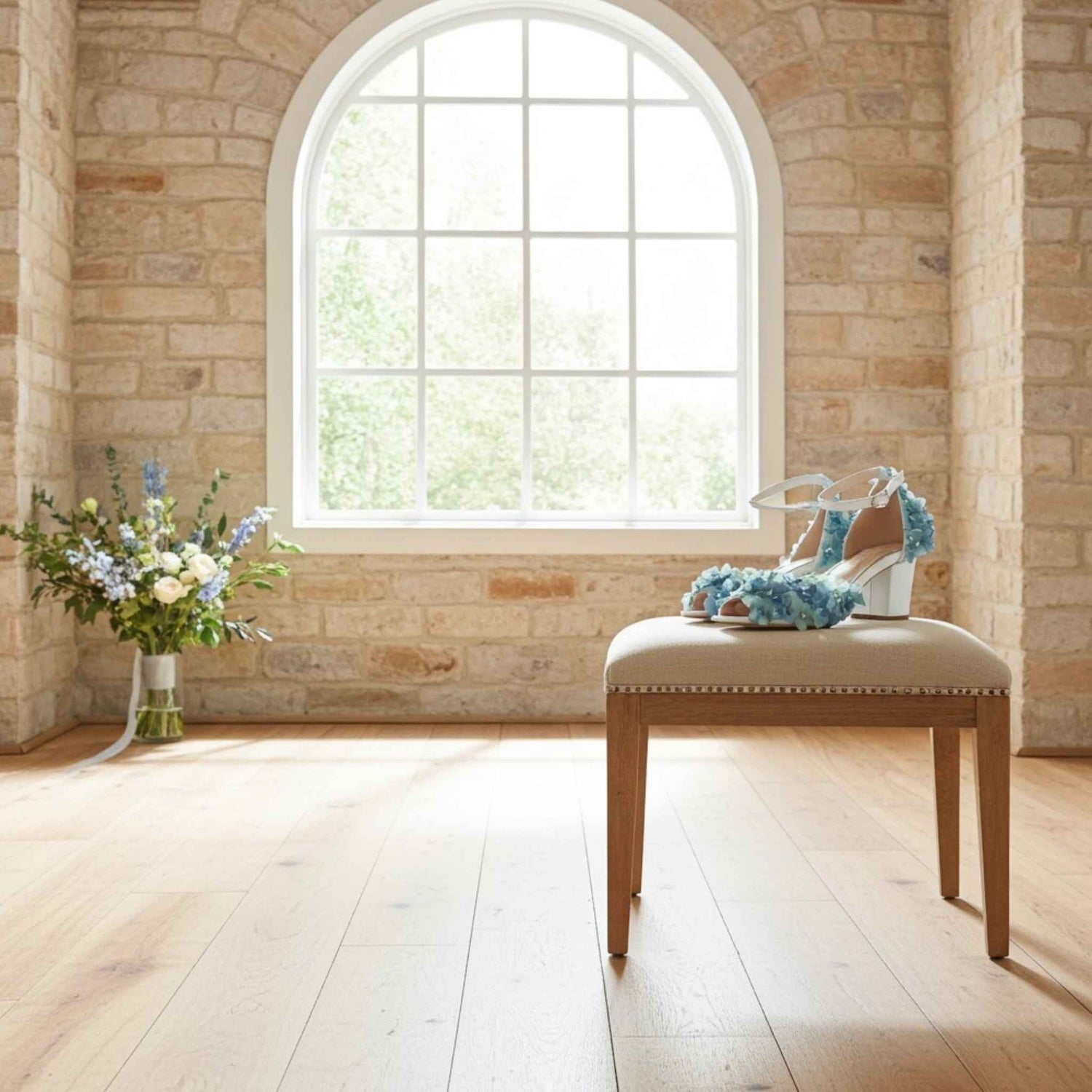 Pair of blue floral high heels on a beige stool in a room with stone walls and a large window.