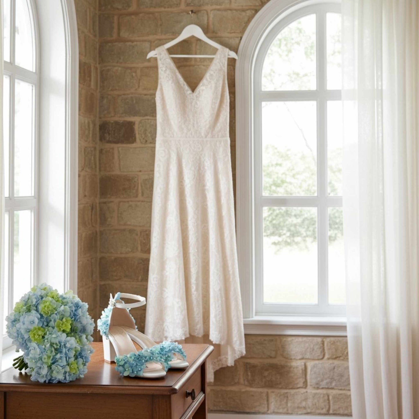 White lace wedding dress hanging on a brick wall with a bouquet and floral decorated wedding shoes on a table.