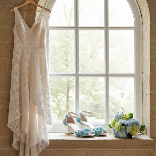 Lace wedding dress hanging on a hanger, with peep toe floral bridal shoes and flowers on a windowsill.