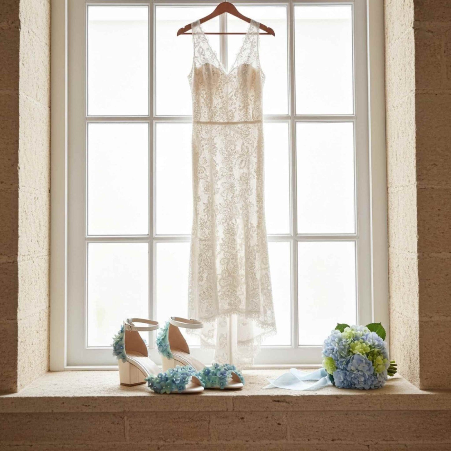 Wedding dress hanging by a window with shoes and bouquet on a windowsill.