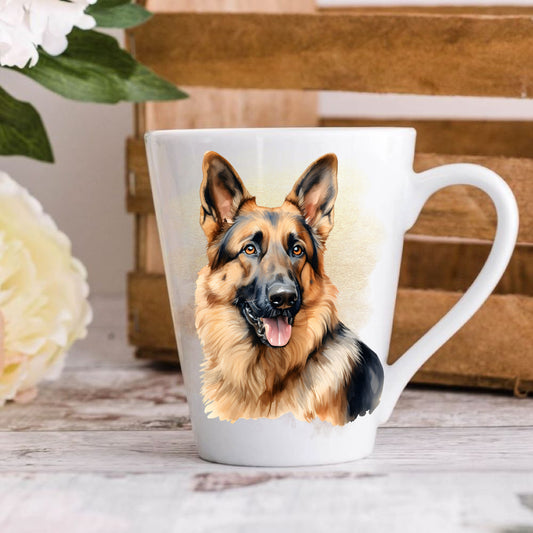 A white ceramic latte coffee mug with a printed image of a German Shepherd dog on the front.