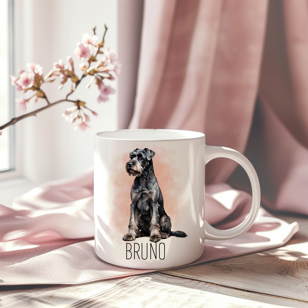 A pink drape decorates the background for white ceramic mug with the image of a Giant Schnauzer sat looking to it's right.  A stem of small pink flowers accessorizes the image.