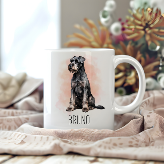 A personalised coffee mug featuring a seated Giant Schnauzer on a white ceramic mug which has been placed on a beige cloth. Stems of large flowers accessorizes the image.