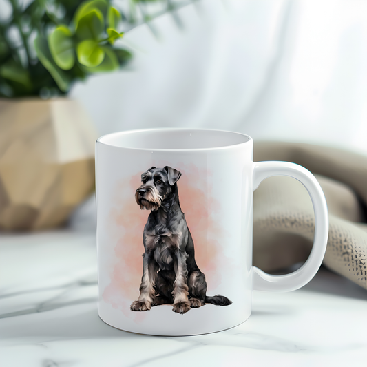 This coffee mug features a Giant Schnauzer on a white ceramic mug which has been placed on a grey marble surface. A green plant is placed in the left corner.