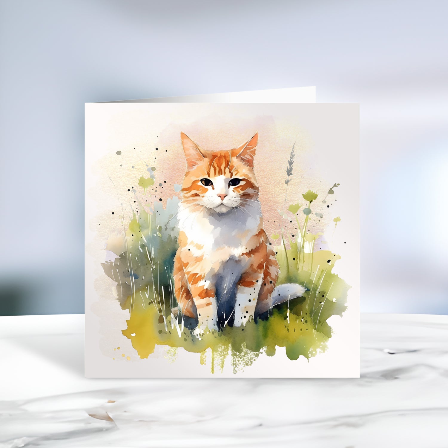 Ginger and white cat sat among grass and facing forward on a white card or notelet. The card is placed on a grey marble surface.