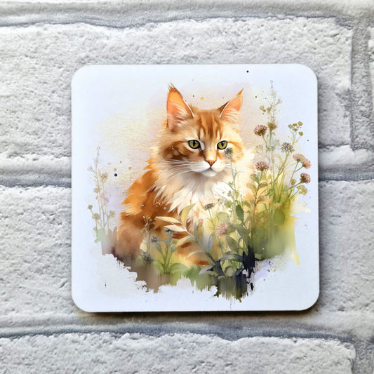Long haired ginger and white cat sat among grass and wildflowers on a white coaster. Coaster is placed on a grey brick background