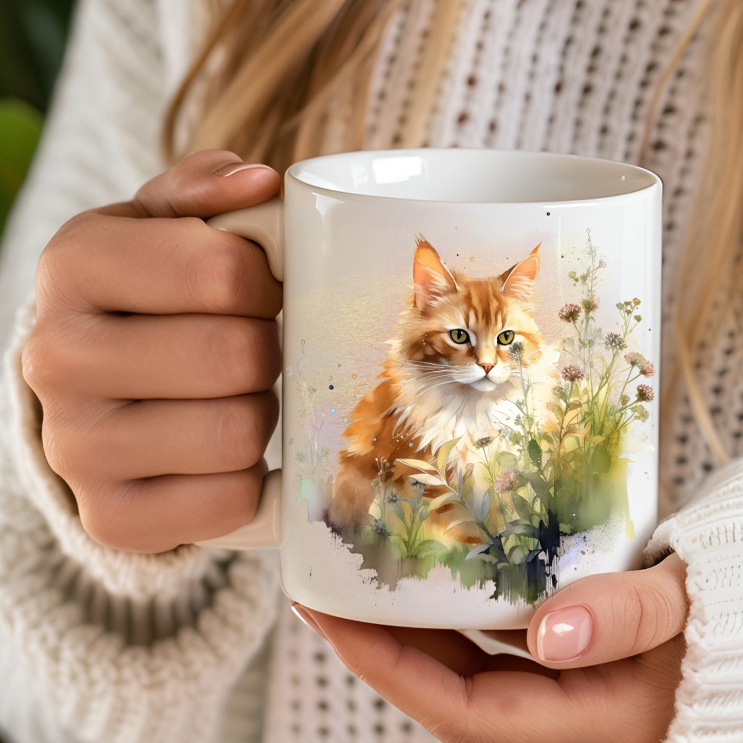 Long haired ginger cat with a white chest on a ceramic mug with a woman holding.