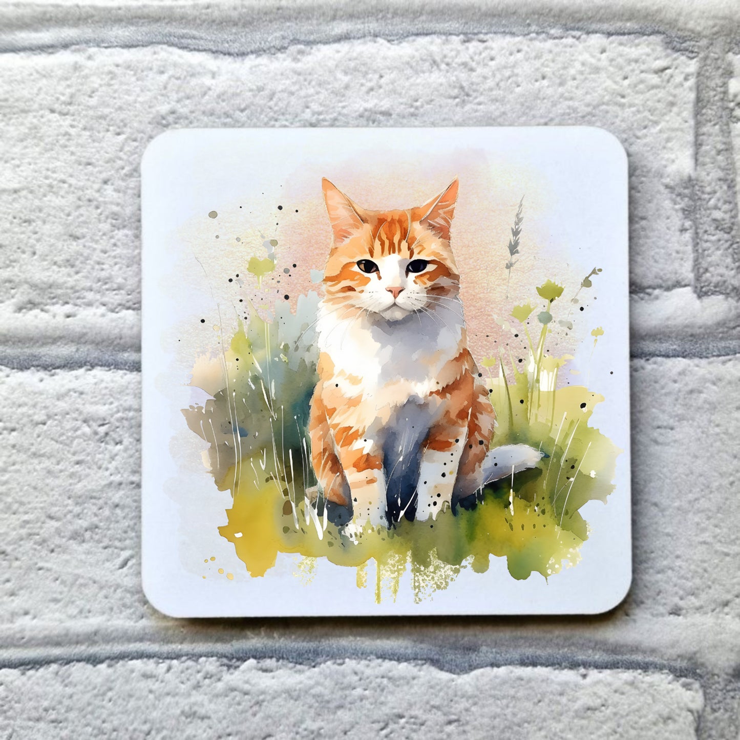 Ginger and white cat sat on grass on a white coaster. Coaster is placed on a grey brick background