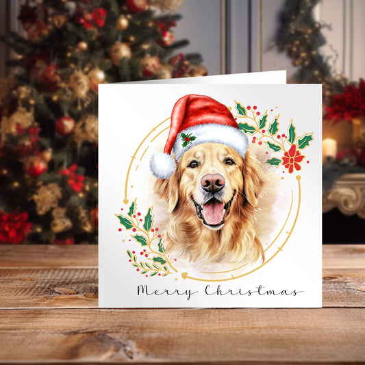 Golden Retriever in a Santa Hat on a Christmas themed card with holly and berries. A Christmas tree strands in the background.