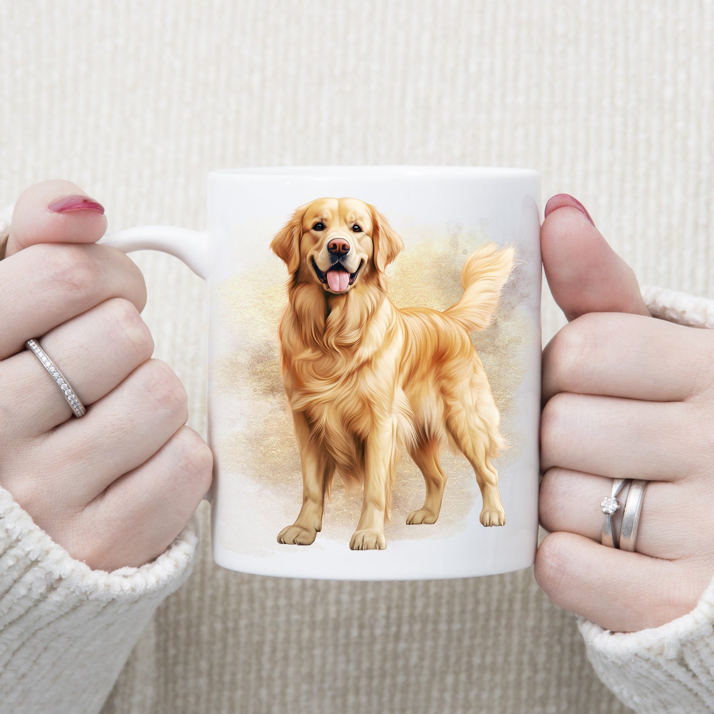 White ceramic mug with a Golden Retriever dog standing with mouth open and tongue out. A brown and gold misty background decorates the mug which is being held by a woman.