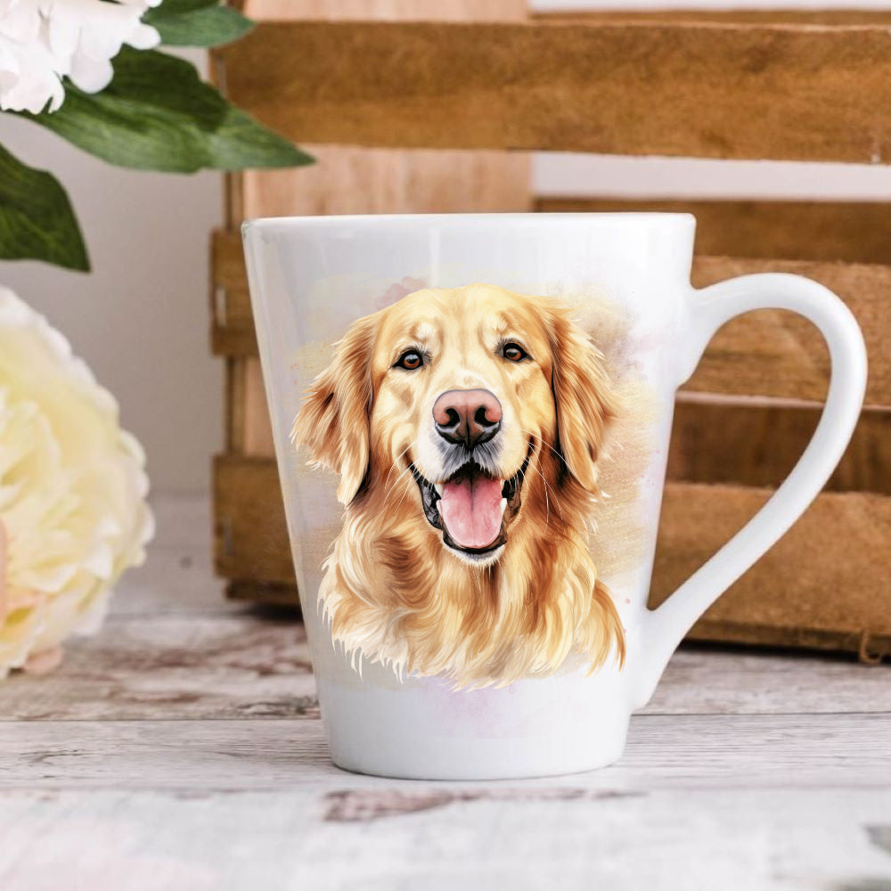 A 12oz white ceramic latte mug with a printed image of a Golden Retriever facing forward. A brown crate sits in the background.  The mug is positioned on a wooden surface.
