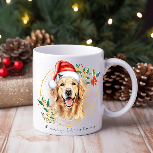 A ceramic mug with a Christmas theme, featuring a Golden Retriever wearing a Santa hat, positioned in front of a Christmas tree and gifts.