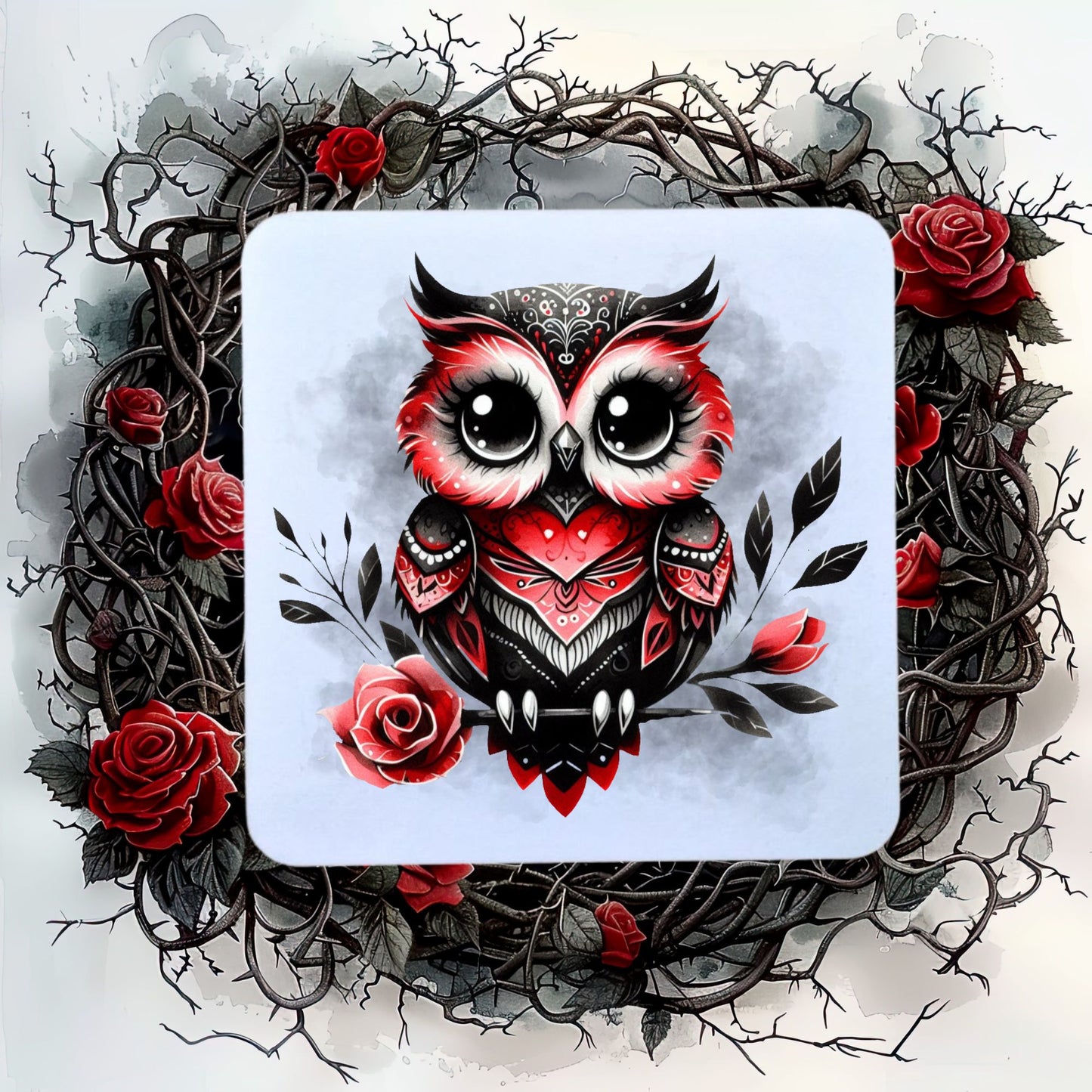 White coaster showing a Gothic Owl with red and black feathers perched on a rose stem and on a smoky grey background.  The coaster is placed on a background of thorns and roses. 