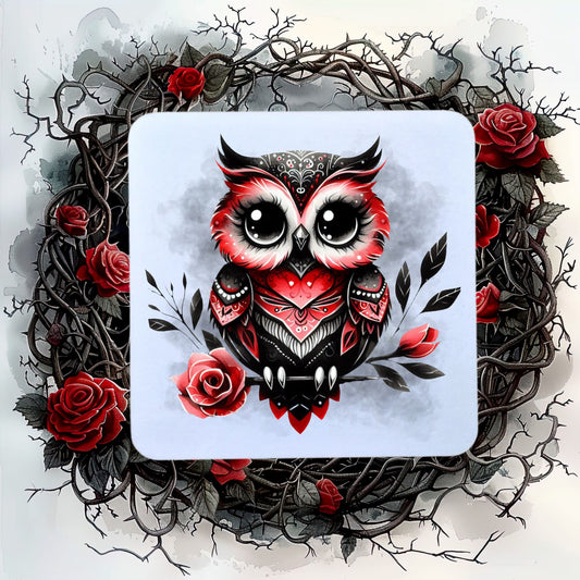 White coaster showing a Gothic Owl with red and black feathers perched on a rose stem and on a smoky grey background. The coaster is placed on a background of thorns and roses.