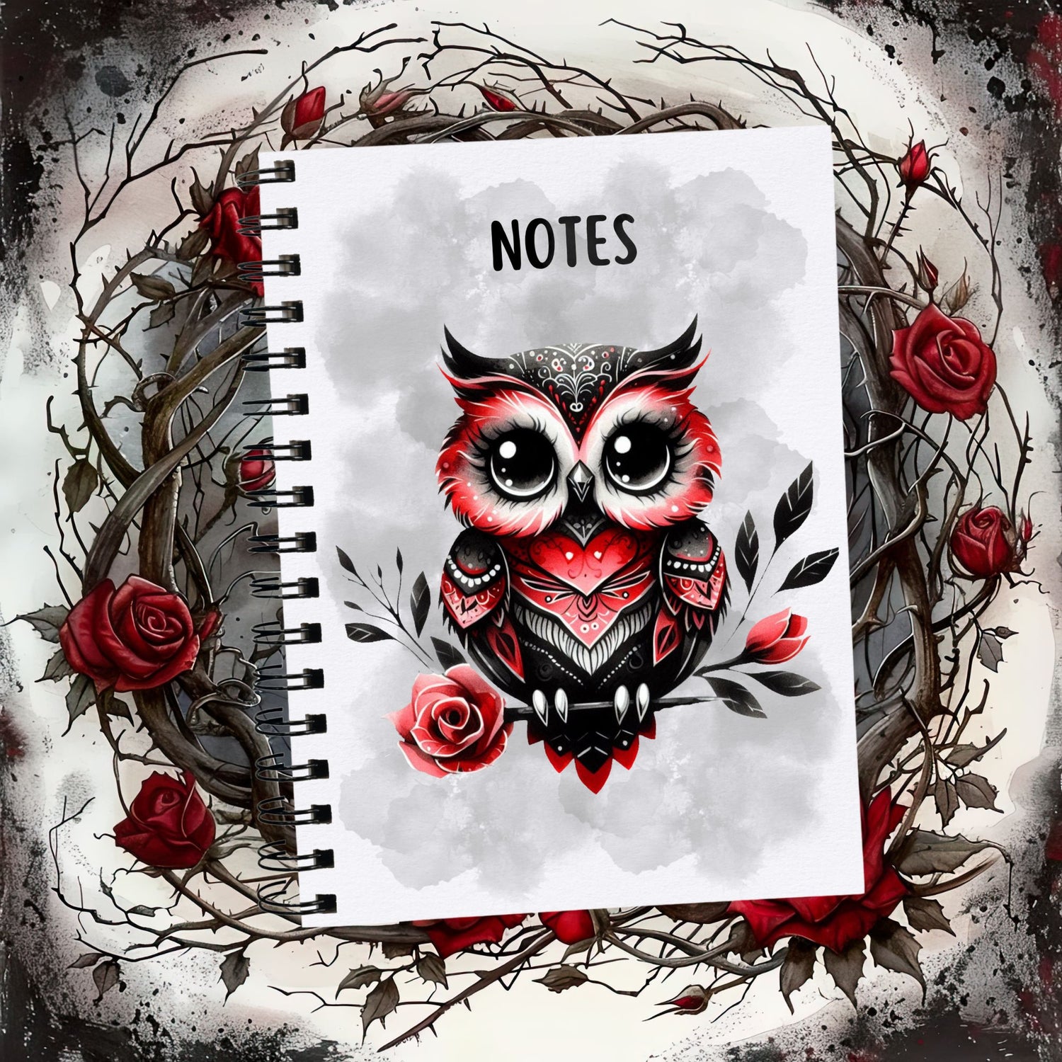 White notebook with black spiral binding showing a Gothic Owl with red and black feathers perched on a rose stem and on a smoky grey background.  The notebook is placed on a background of thorns and roses. A black pencil is placed to the right hand side.