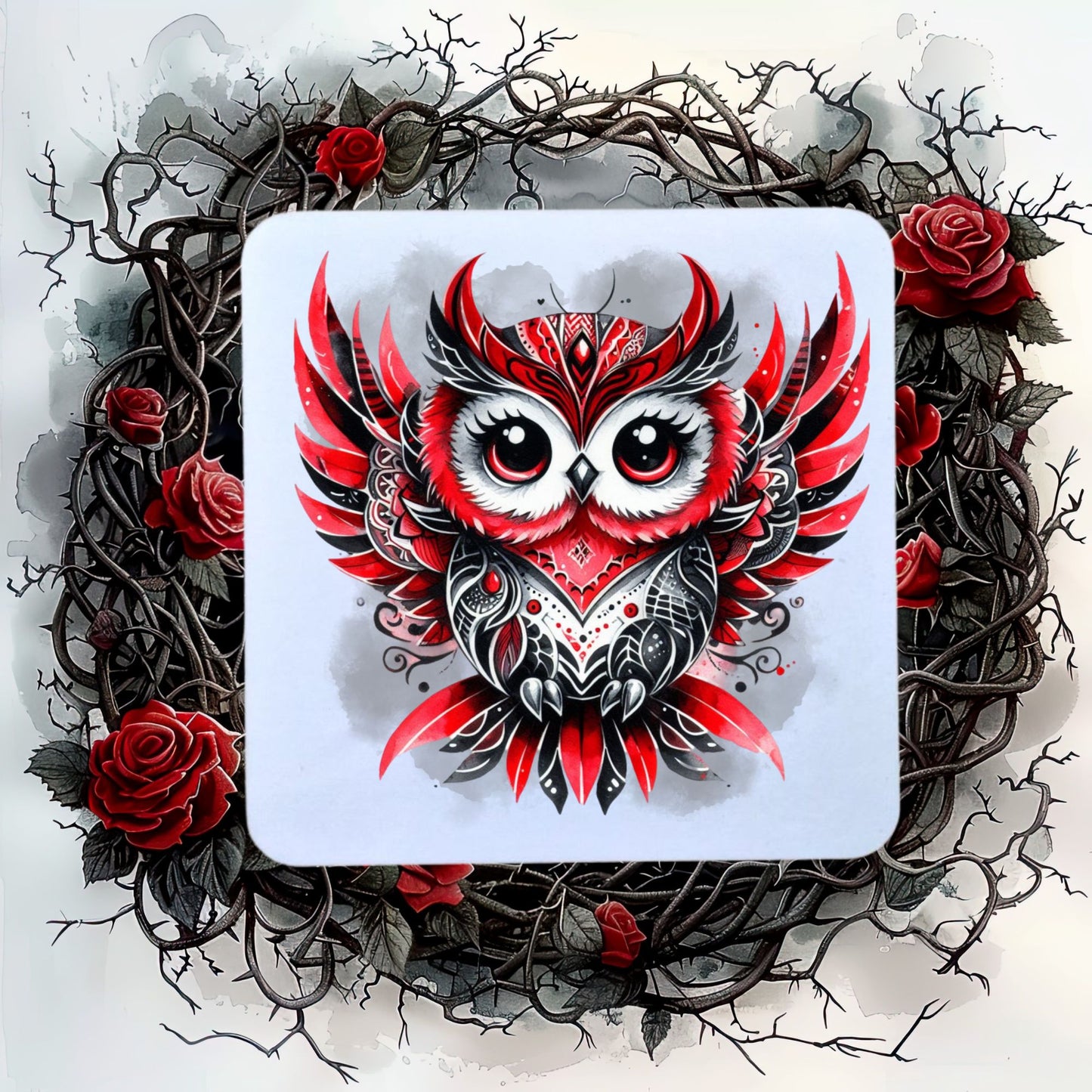 White coaster showing a Gothic Owl with red and black feathers on a smoky grey background.  The coaster is placed on a background of thorns and roses. 