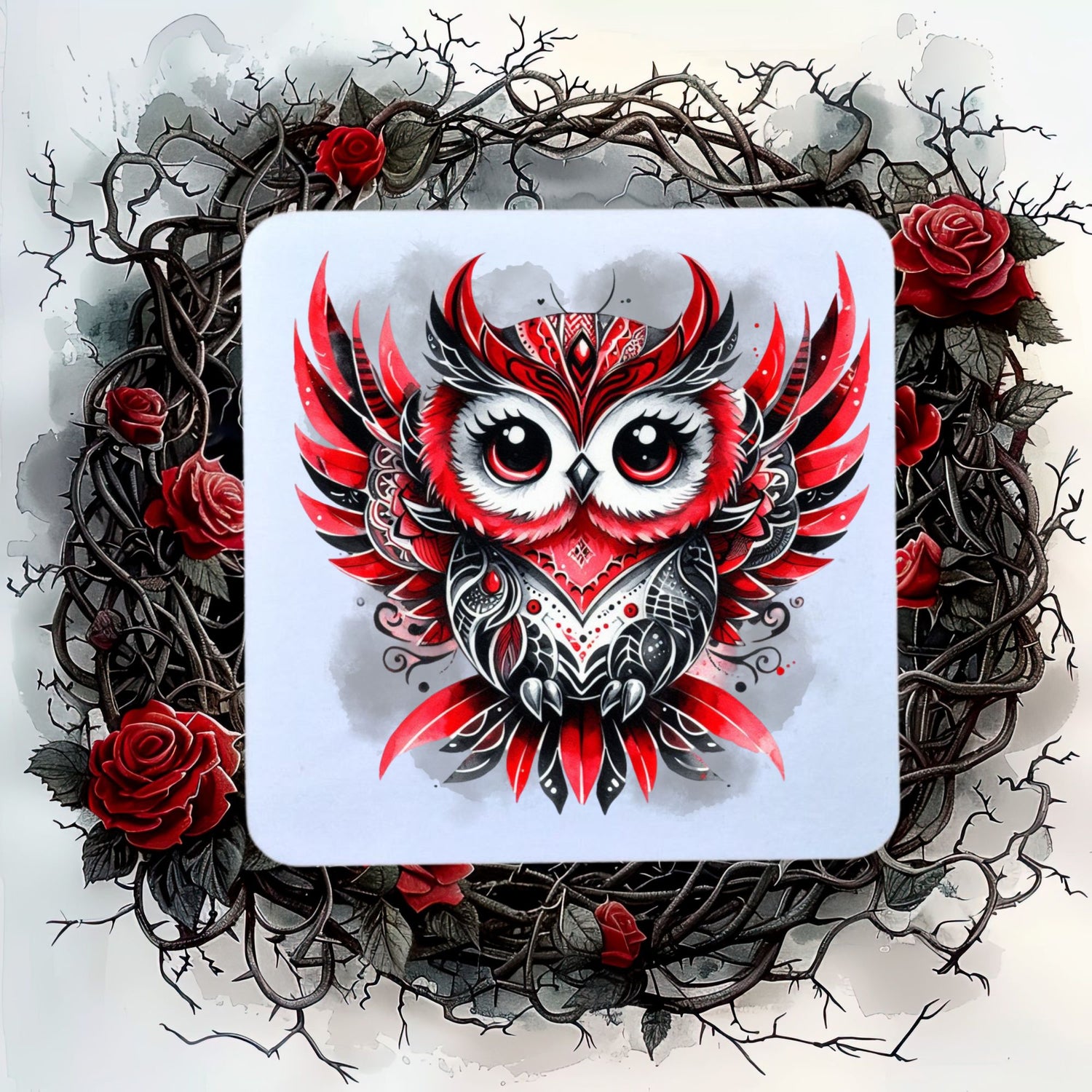 White coaster showing a Gothic Owl with red and black feathers on a smoky grey background.  The coaster is placed on a background of thorns and roses. 