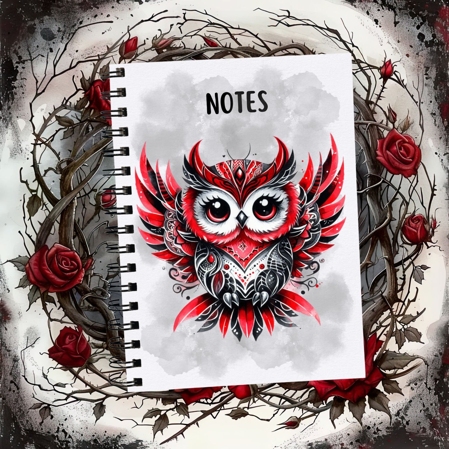 White notebook with black spiral binding showing a Gothic Owl with red and black feathers on a smoky grey background.  The notebook is placed on a background of thorns and roses. A black pencil is placed to the right hand side.