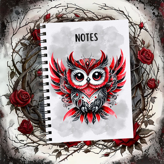 White notebook with black spiral binding showing a Gothic Owl with red and black feathers on a smoky grey background. The notebook is placed on a background of thorns and roses. A black pencil is placed to the right hand side.