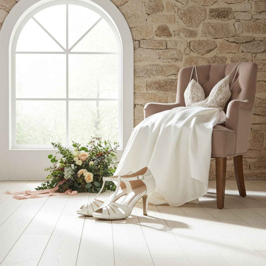 White wedding dress on a chair next to ivory high-heeled bridal shoes and flowers in a bright room with stone wall.
