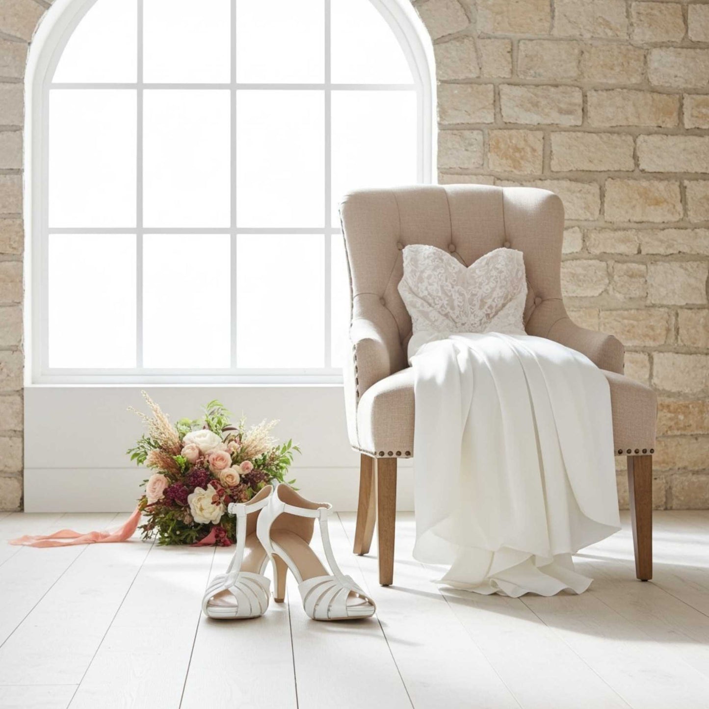 Beige armchair with white blanket and pillow, white high-heeled bridal shoes, and floral bouquet on a light wooden floor.