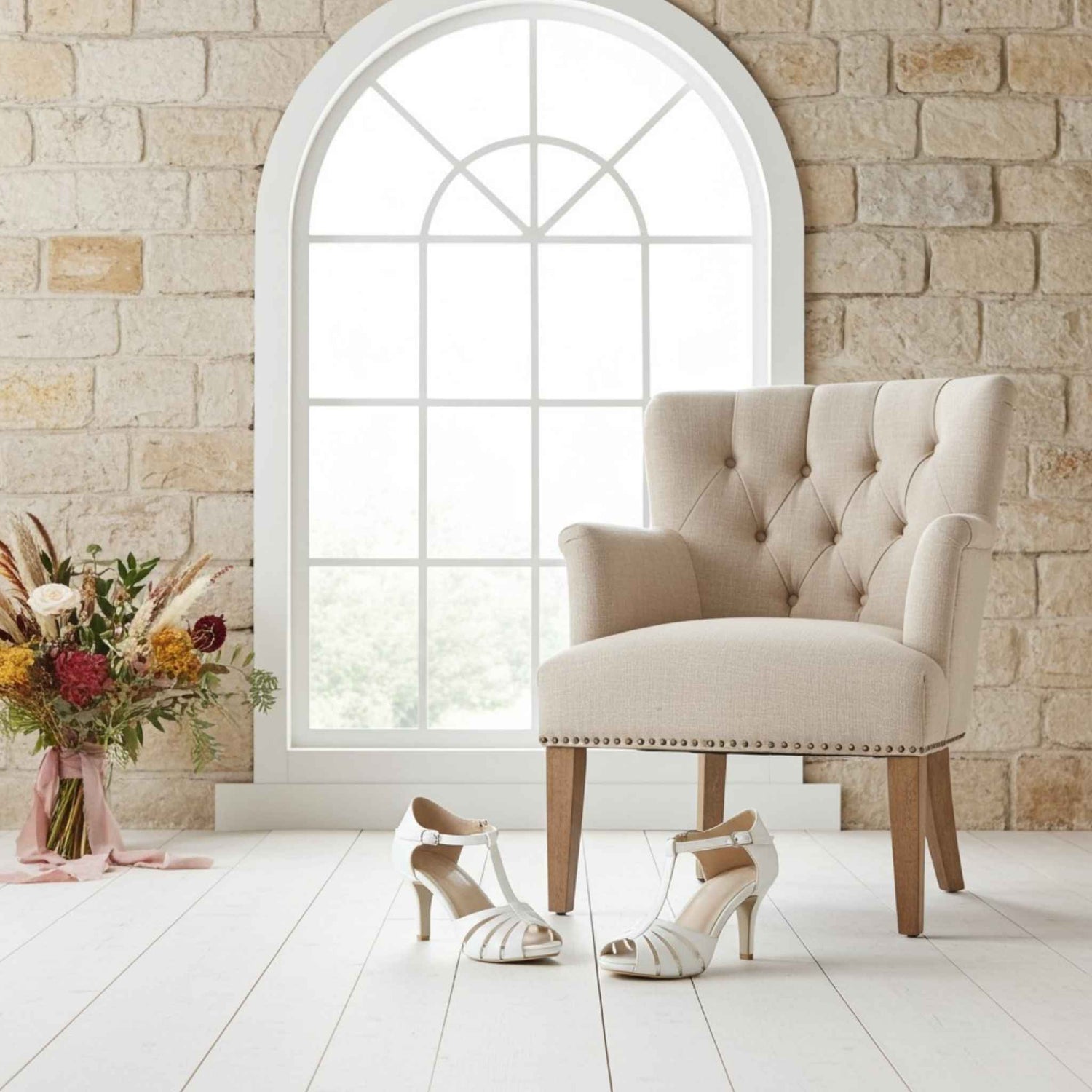 Beige armchair in a room with a stone wall and large window, accompanied by high-heeled wedding shoes and a floral arrangement.