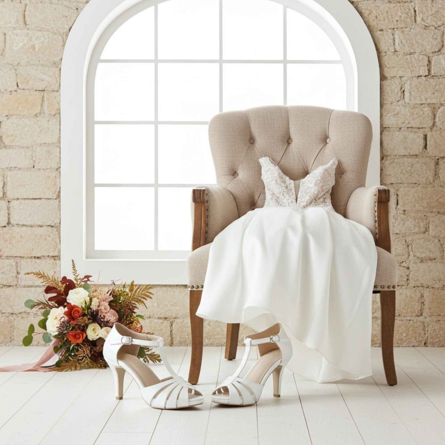 Ivory wedding dress and shoes on a chair with flowers in the background